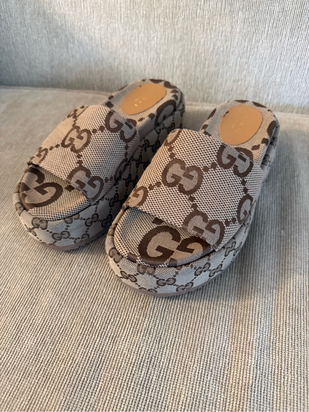 Gucci Beige and Brown GG Canvas Platform Slides